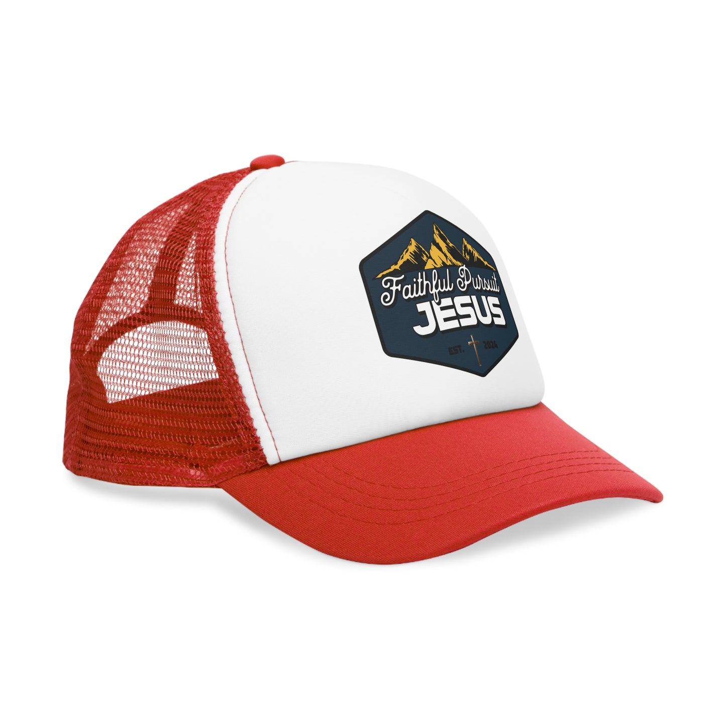 Classic Mesh Trucker Hat Faithful Pursuit of Jesus with mountains