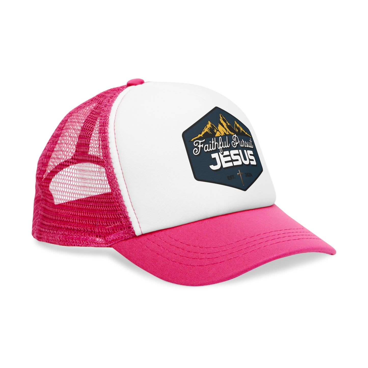 Classic Mesh Trucker Hat Faithful Pursuit of Jesus with mountains