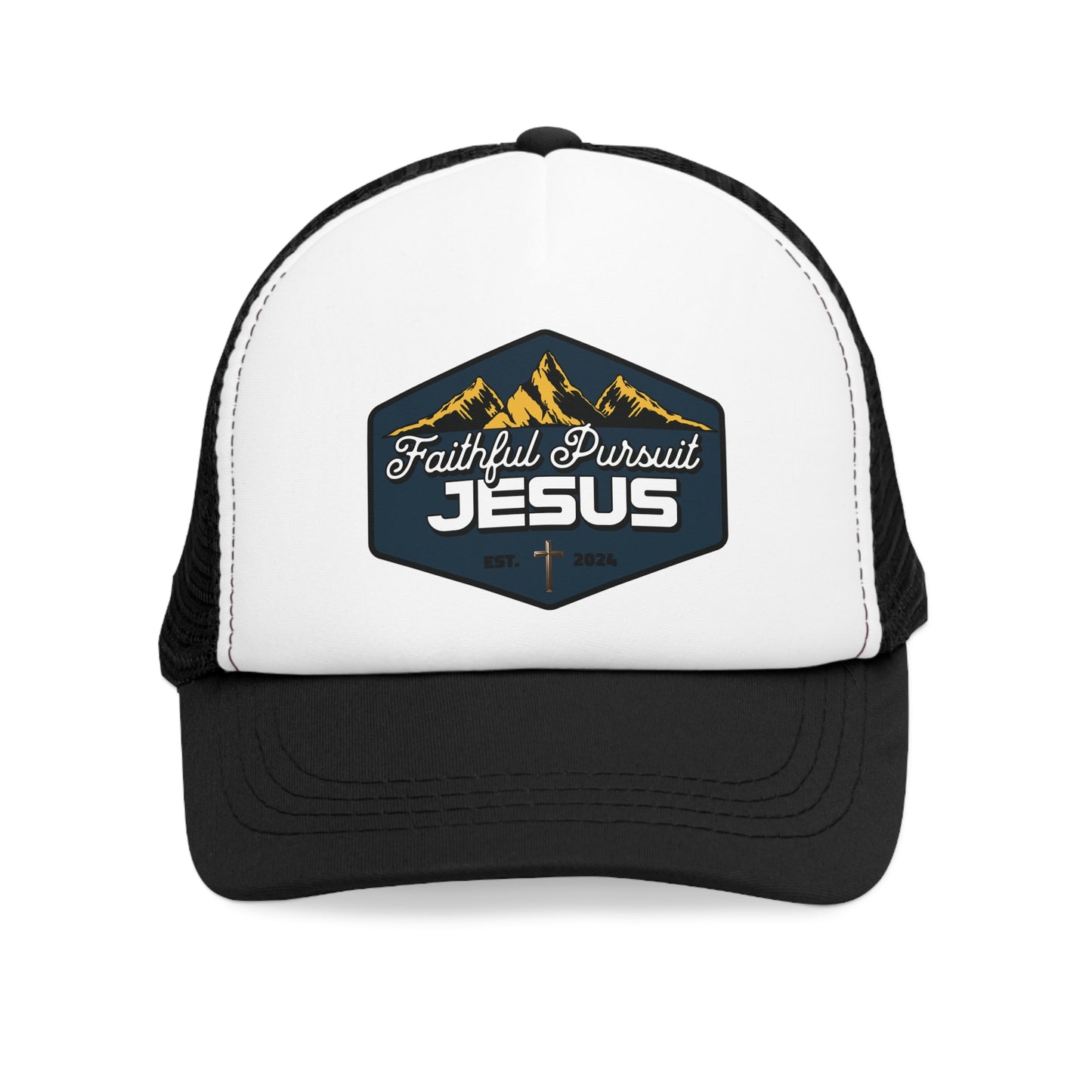 Classic Mesh Trucker Hat Faithful Pursuit of Jesus with mountains