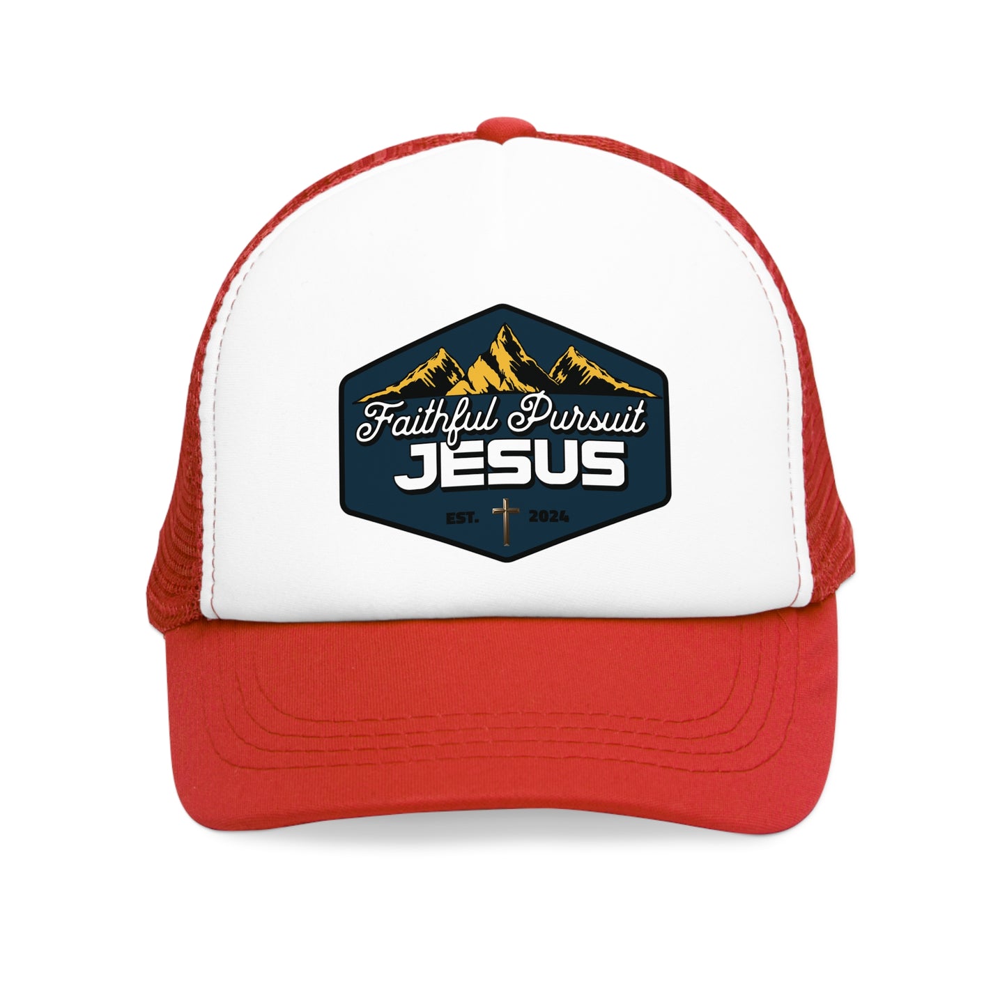 Classic Mesh Trucker Hat Faithful Pursuit of Jesus with mountains