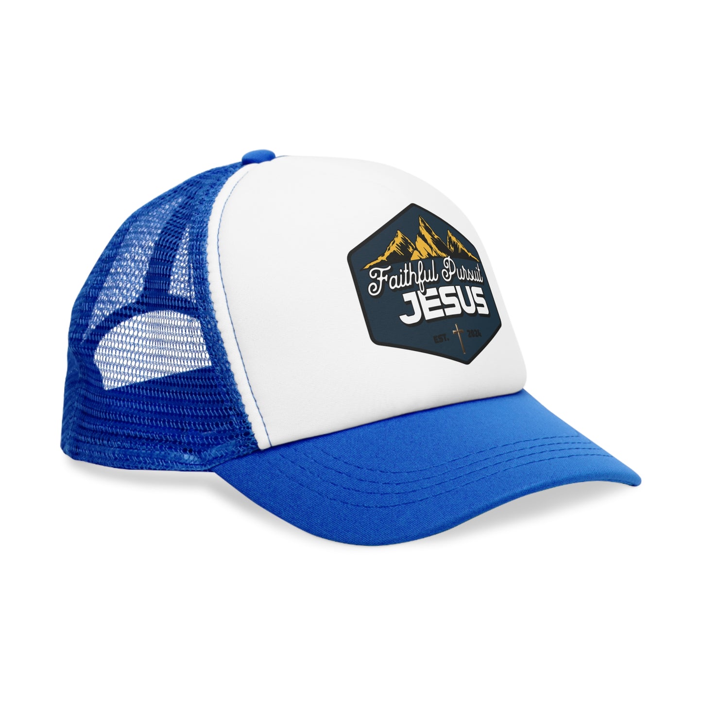 Classic Mesh Trucker Hat Faithful Pursuit of Jesus with mountains